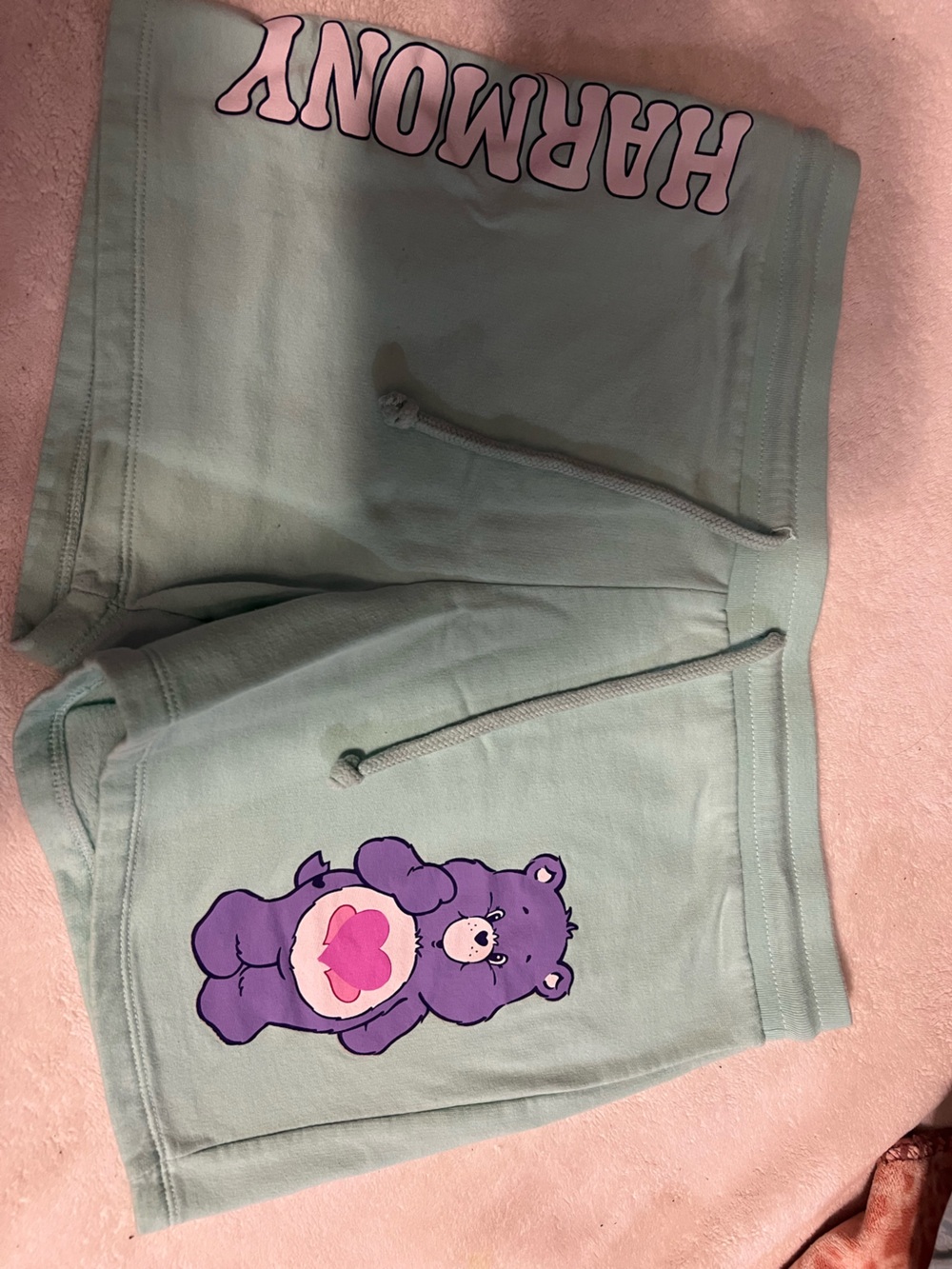 Care Bears Mint Green Drawstring Shorts with Purple Bear Graphic